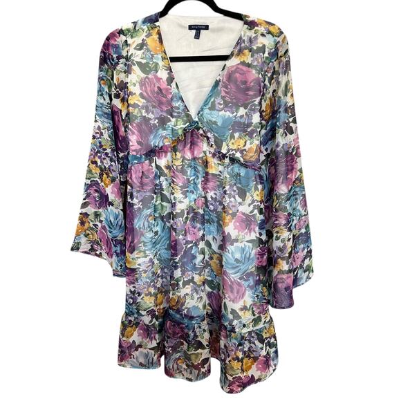 Kelly Felder Women's Colorful Floral Boho Plunging Neckline Mini Dress Size 6 - Picture 3 of 6